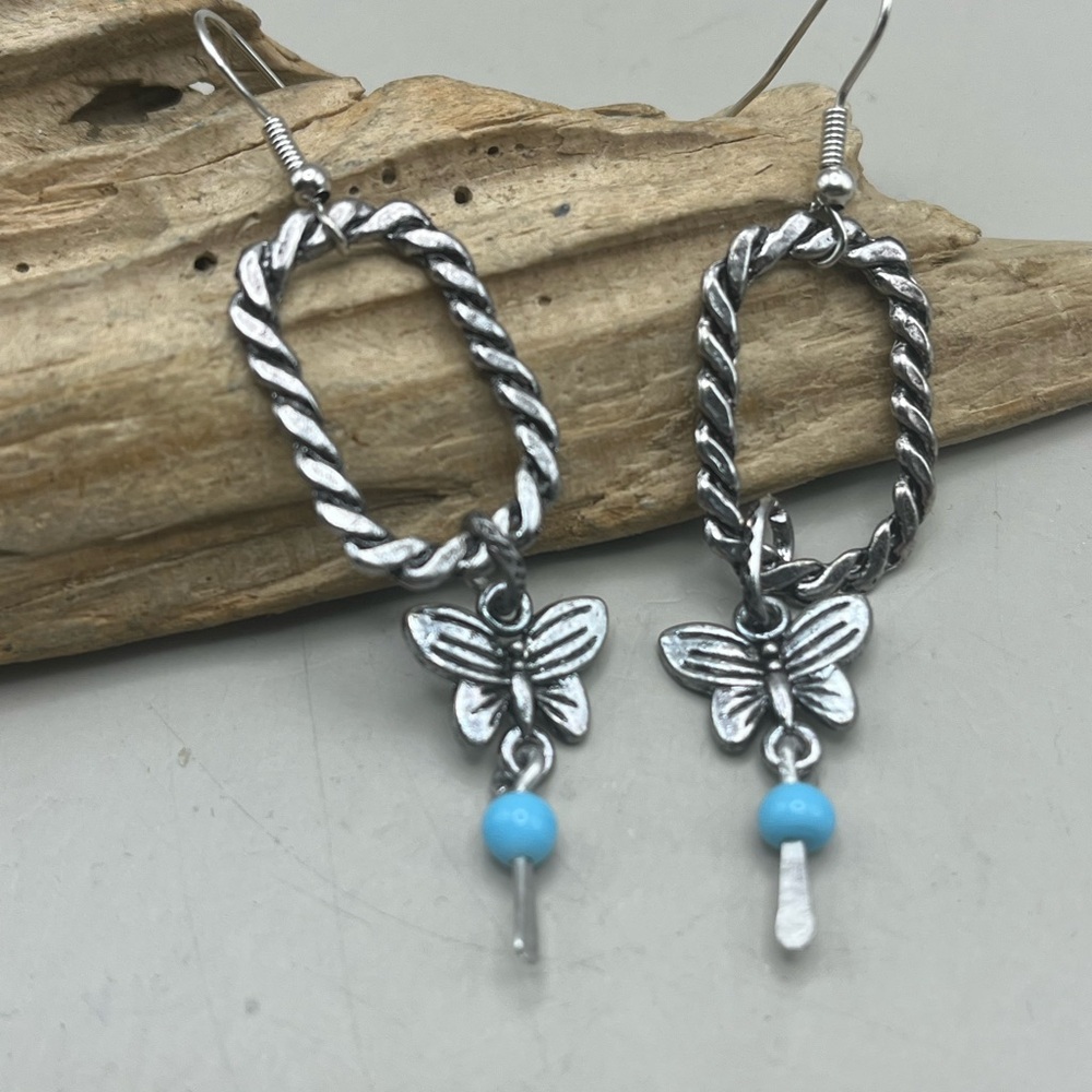 🦋 Boho Chic Silver Tone Butterfly Dangle Earrings with Turquoise Beads 🦋